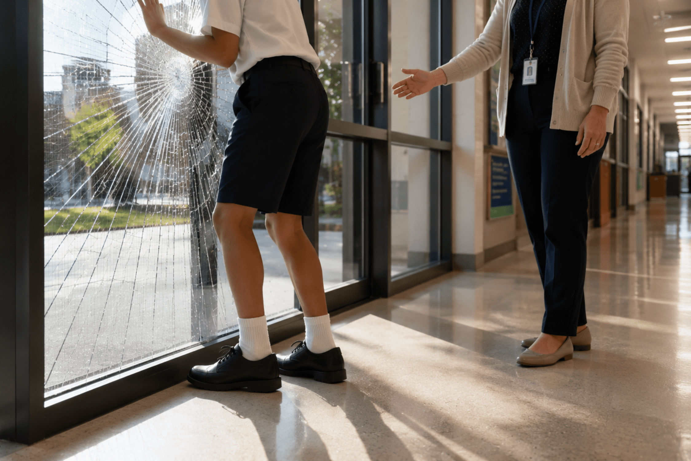 Students in school corridor near glass UAE &mdash; accidental glass injury risk
